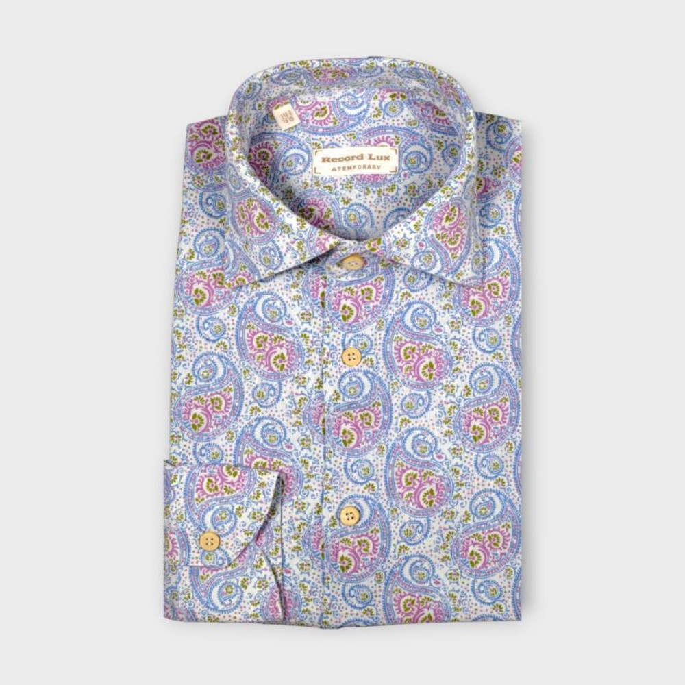 Immagine di Camicia in cotone con stampa damascata rosa e azzurro